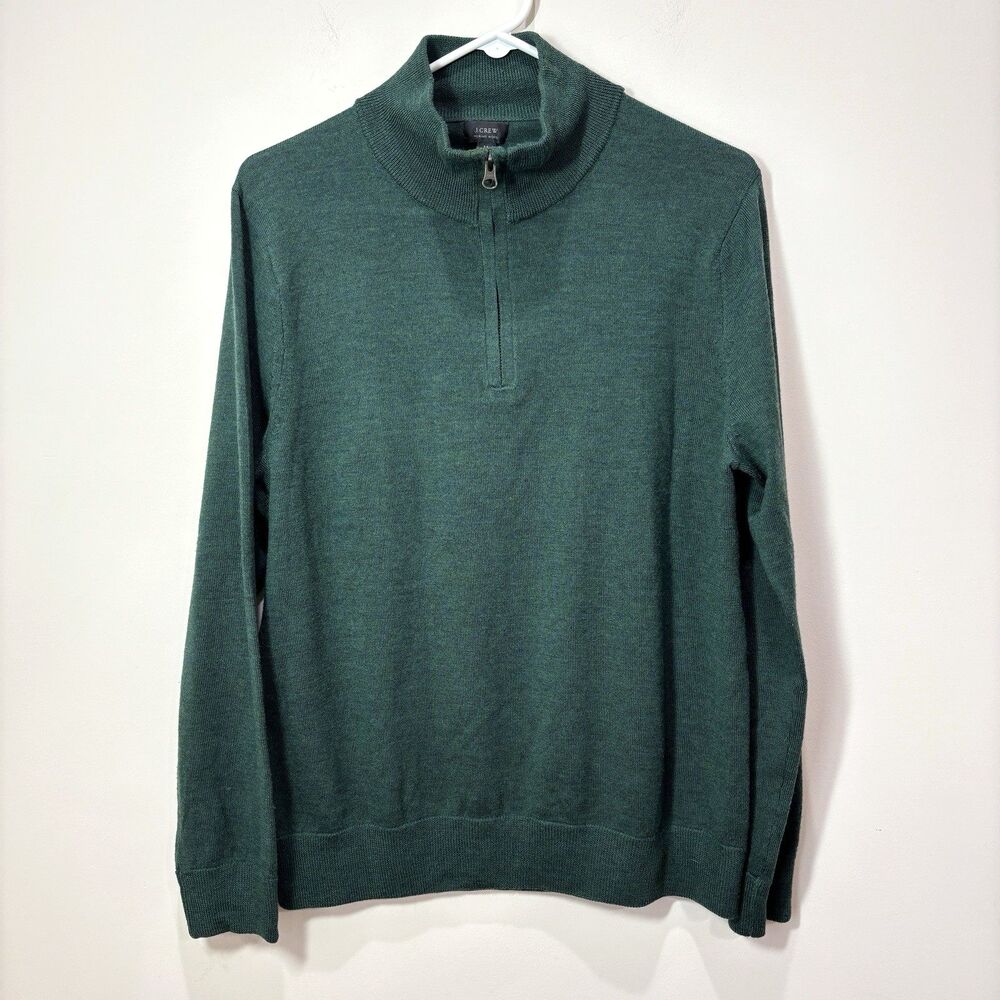 J Crew 100% Merino Wool 1/4 Zip Pullover Dark Green Men M Preppy Quiet Luxury